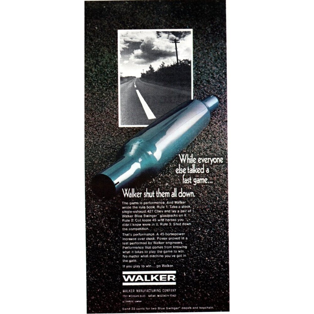 1972 Walker Blue Swinger Muffler Vintage Print Ad Glasspacks Muscle Car Wall Art